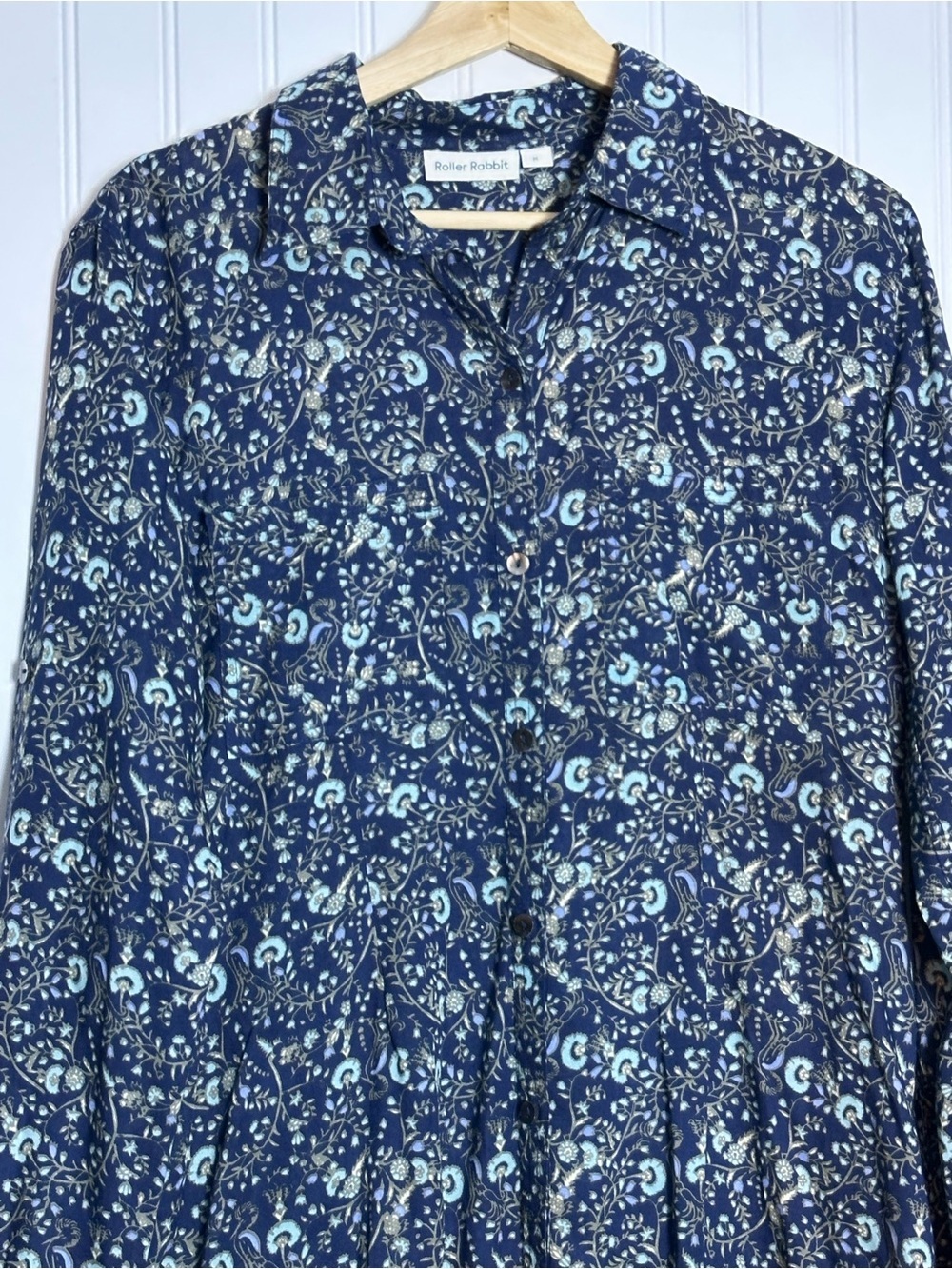 Roller Rabbit blue floral dress long sleeves button-down front M Relax Fit - Picture 2 of 12